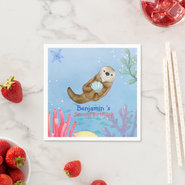 Cute rainbow Otter Scallops Birthday party Napkin (Insitu)