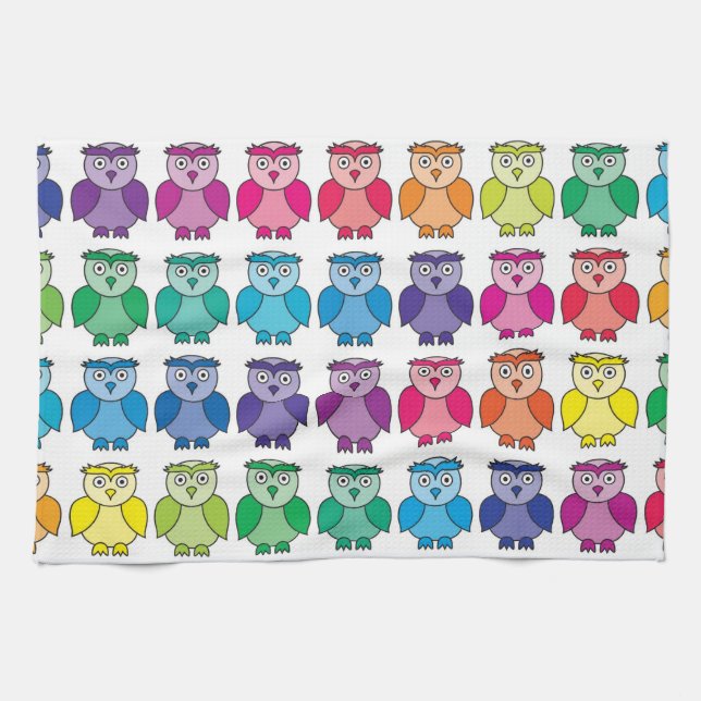 Cute Rainbow Owl Pattern Tea Towel (Horizontal)