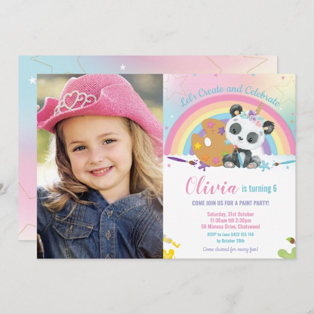 Cute Rainbow Panda Art Party Paint Birthday Photo Invitation (Front/Back)