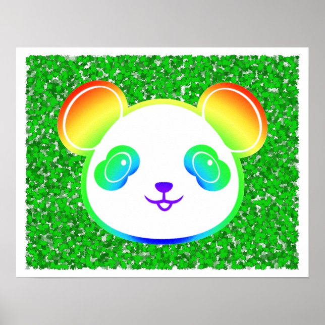 Cute Rainbow Panda Bear On Foliage Background Poster (Front)