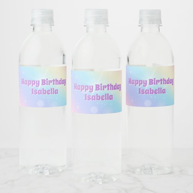 Cute Rainbow Pastel Sparkle Custom Birthday Party Water Bottle Label (Bottles)