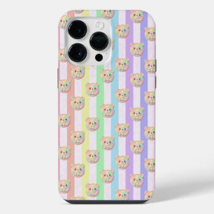 Cute Rainbow Pastel Teddy Bear and Stripe iPhone 14 Pro Max Case