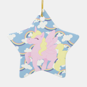 Cute Rainbow Pattern with Pink Unicorn Pegasus Ceramic Tree Decoration