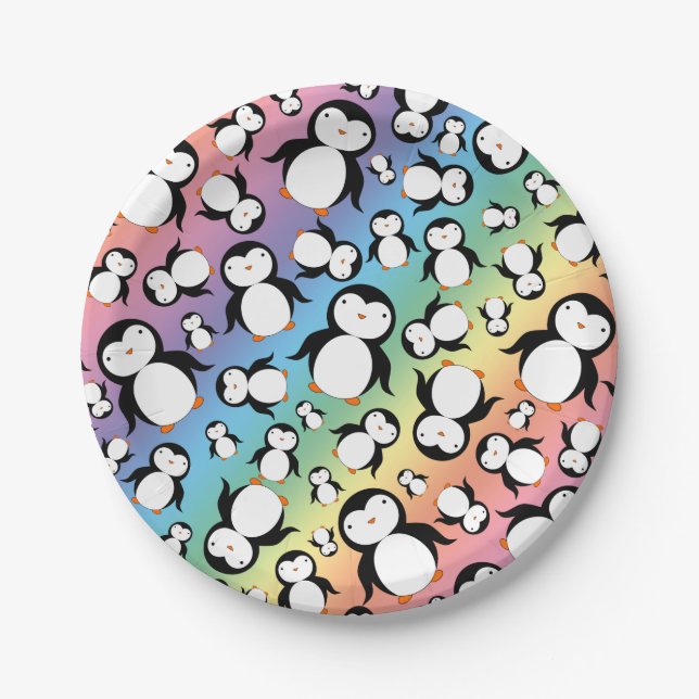 Cute rainbow penguin pattern paper plate (Front)