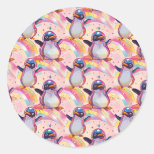 Cute Rainbow Penguins and Stars Pattern Classic Round Sticker