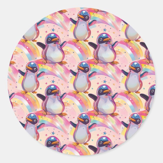 Cute Rainbow Penguins and Stars Pattern Classic Round Sticker (Front)