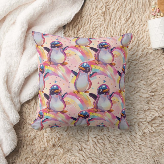 Cute Rainbow Penguins and Stars Pattern Cushion (Blanket)