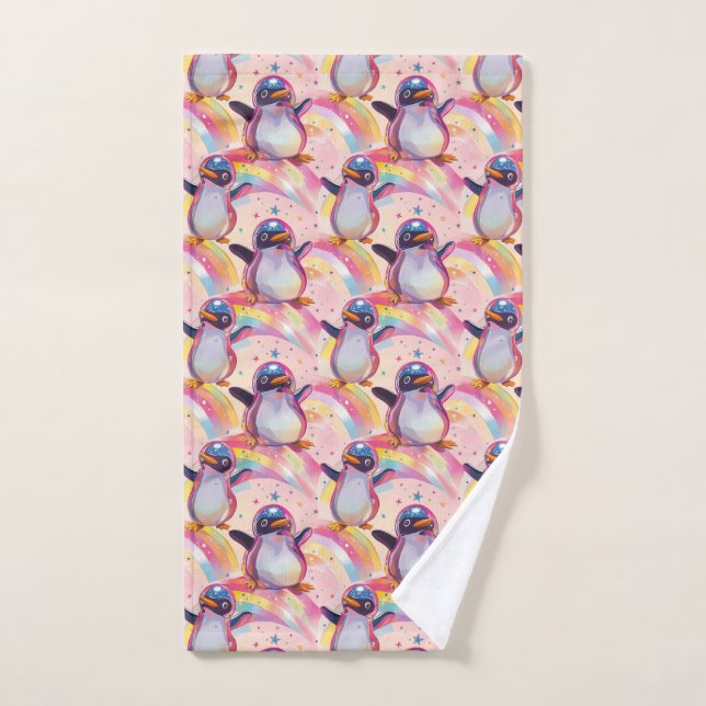 Cute Rainbow Penguins and Stars Pattern Hand Towel (Hand Towel)