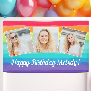 Cute Rainbow Photo Collage Custom Birthday Party Banner