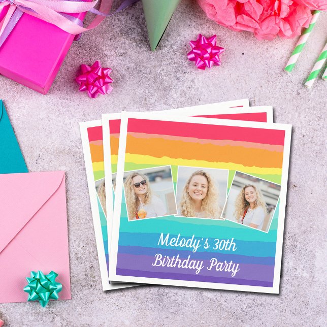 Cute Rainbow Photo Collage Custom Birthday Party Napkin (Creator Uploaded)