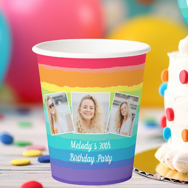 Cute Rainbow Photo Collage Custom Birthday Party Paper Cups (Creator Uploaded)