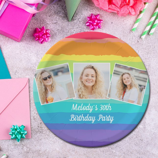 Cute Rainbow Photo Collage Custom Birthday Party Paper Plate (Creator Uploaded)
