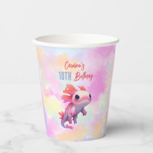 Cute rainbow pink axolotl girl birthday paper cups