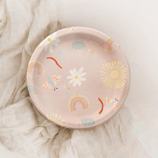 Cute Rainbow Pink Birthday Paper Plate