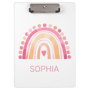 Cute Rainbow, pink boho watercolor Clipboard