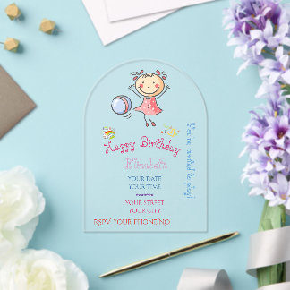 Cute Rainbow Pink Stick Figure Girl Playing Ball Acrylic Invitations