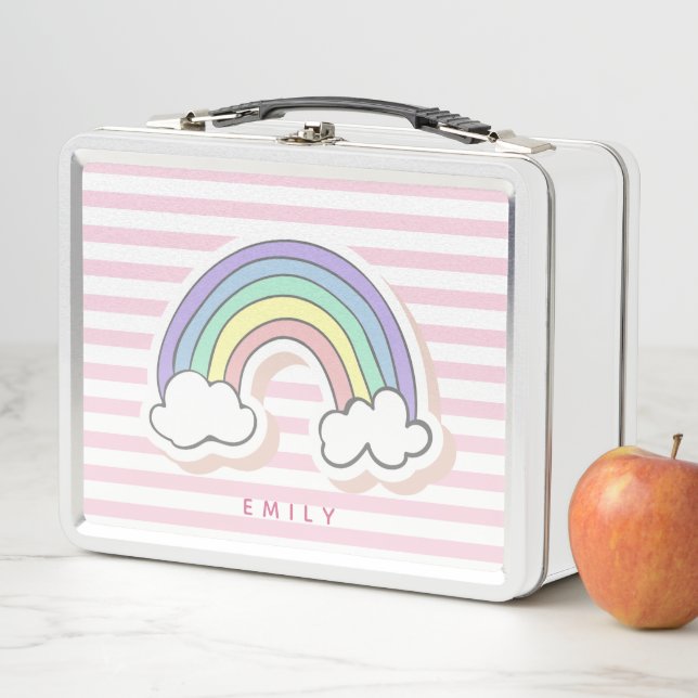 Cute Rainbow - Pink Striped Kids'  Metal Lunch Box (In Situ)