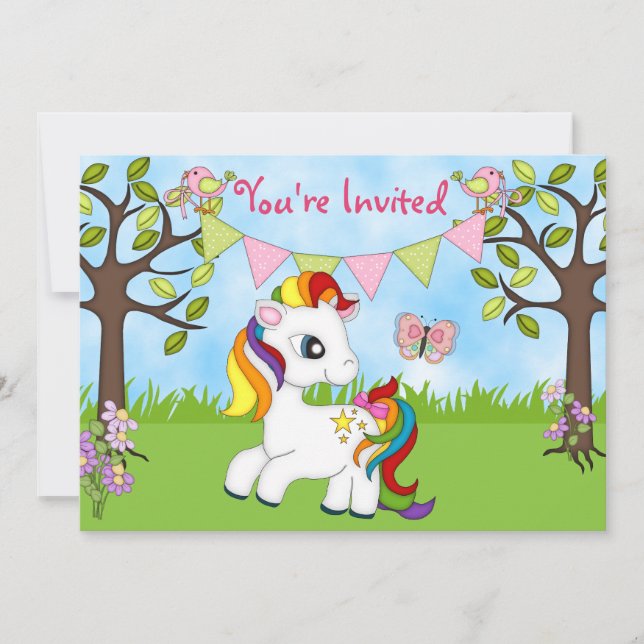 Cute Rainbow Pony Horse Birthday Invitations (Front)