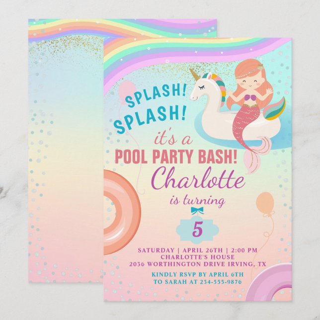 Cute Rainbow Pool Party Unicorn Mermaid Birthday Invitation (Front/Back)
