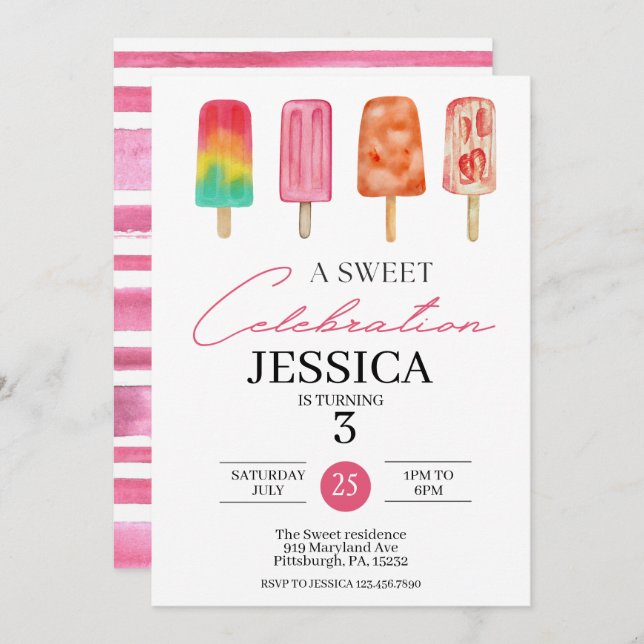 Cute Rainbow popsicle ice cream birthday party  Invitation (Front/Back)