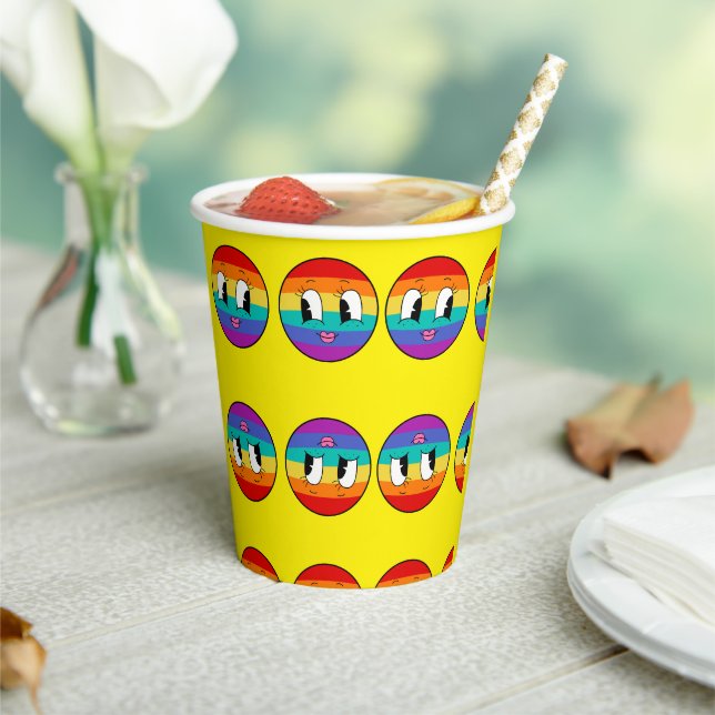 Cute Rainbow Pride Face  – Colourful LGBTQ Paper Cups (Insitu)