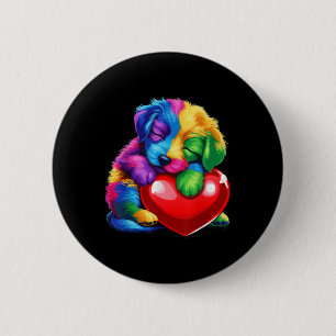 Cute Rainbow Puppy Hugging Valentine Heart Kids Bo 6 Cm Round Badge