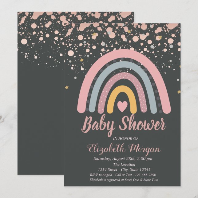 Cute Rainbow,Rose Gold Dots Baby Shower Invitation (Front/Back)