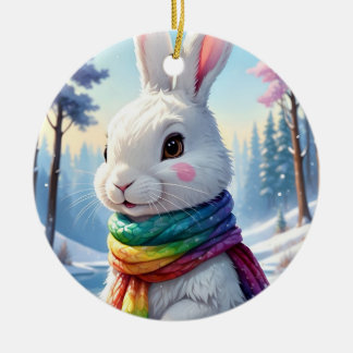 Cute Rainbow Scarf White Winter Rabbit Ceramic Ornament