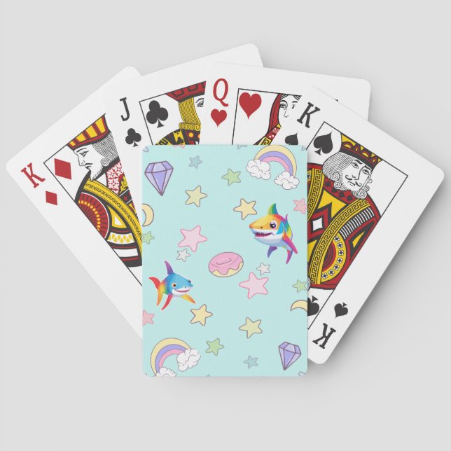 Cute rainbow shark birthday Star party Family kids Playing Cards (Back)