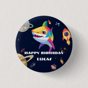 Cute rainbow Shark Galaxy Rocket birthday party 3 Cm Round Badge
