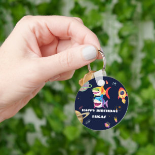Cute rainbow Shark Galaxy Rocket birthday party Key Ring