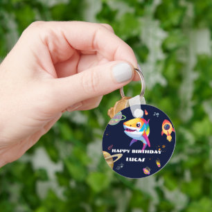 Cute rainbow Shark Galaxy Rocket birthday party Key Ring