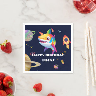 Cute rainbow Shark Galaxy Rocket birthday party Napkin