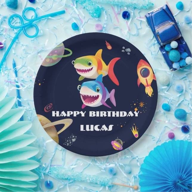Cute rainbow Shark Galaxy Rocket birthday party  Paper Plate (Party)