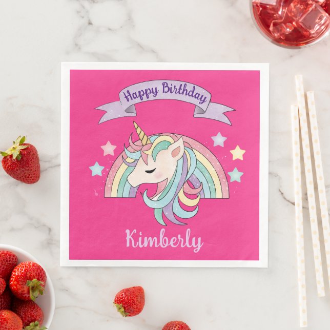 Cute Rainbow & Sparkly Unicorn Hot Pink Birthday Napkin (Insitu)