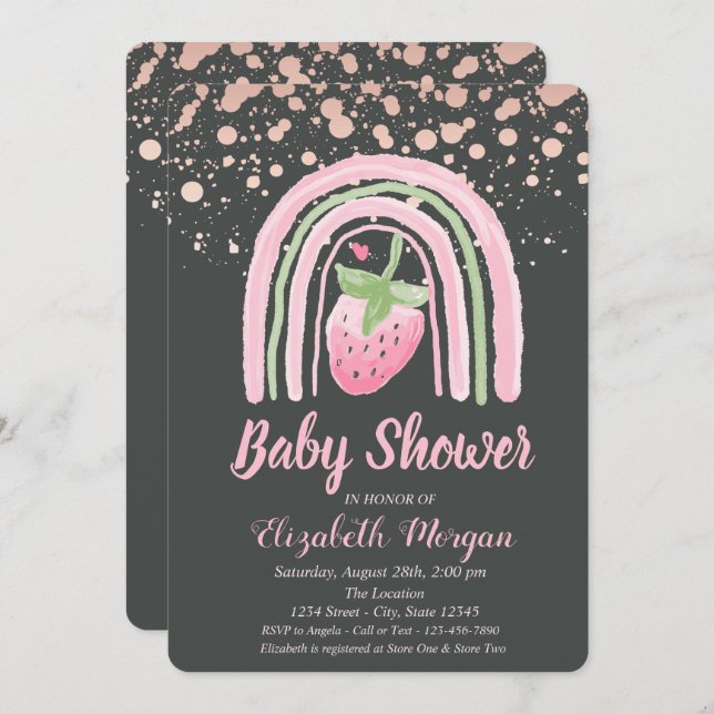 Cute Rainbow Strawberry,Rose Gold Dots Baby Shower Invitation (Front/Back)