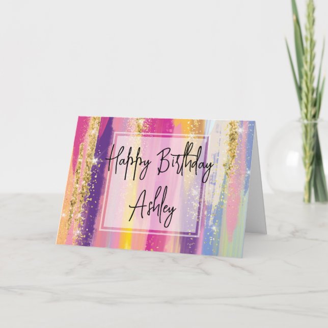 Cute Rainbow Stripes with Faux Glitter Birthday Card (Front)
