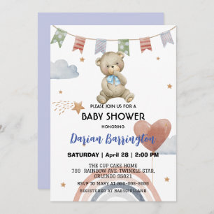 Cute Rainbow teddy Bear balloon baby boy shower  Invitation