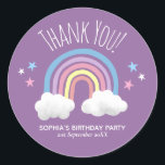 Cute Rainbow Thank You Purple Kids Birthday Classic Round Sticker<br><div class="desc">This cute and magical girls purple baby shower favour sticker design features a rainbow and stars,  and can be personalised with your child's name and the date of your birthday party. The perfect whimsical 'thank you' favour stickers for your kids birthday party.</div>