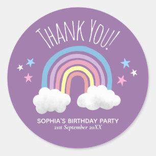 Cute Rainbow Thank You Purple Kids Birthday Classic Round Sticker