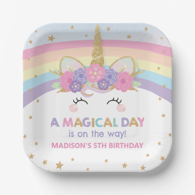 Cute Rainbow Unicorn 1st 2nd Birthday Party Budget Paper Plate (Front)