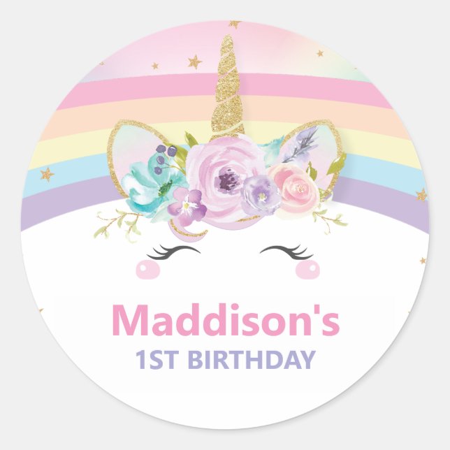 Cute Rainbow Unicorn 1st Birthday Thank You Favor Classic Round Sticker (Front)