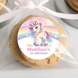 Cute Rainbow Unicorn 1st Birthday Thank You Favour Classic Round Sticker