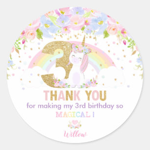 Cute Rainbow Unicorn 3rd Birthday Thank You Favour Classic Round Sticker