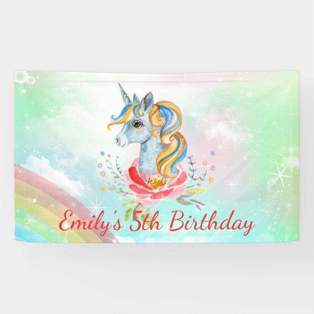 Cute Rainbow Unicorn 5th Birthday Party Banner (Horizontal)