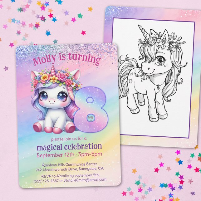 Cute Rainbow Unicorn 8th magical birthday Invitation (Creator Uploaded)