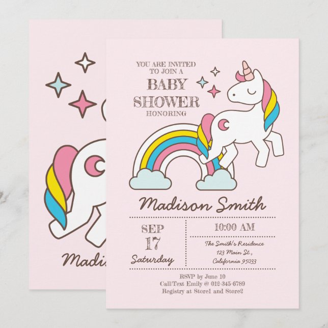 Cute Rainbow Unicorn And Sparkles Baby Shower Invitation (Front/Back)