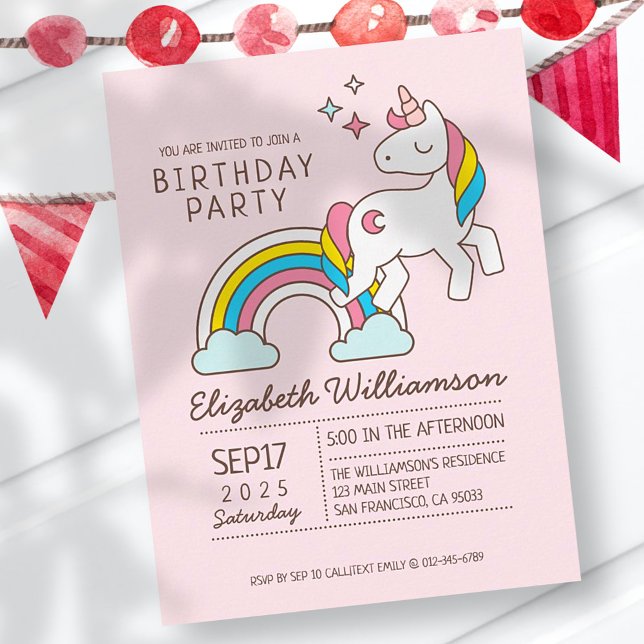 Cute Rainbow Unicorn And Sparkles Birthday Invitation Postcard (Creator Uploaded)