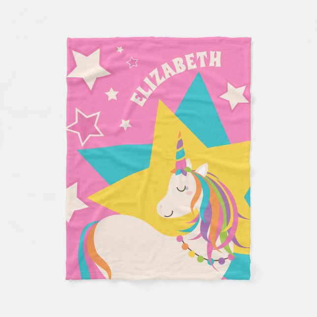 Cute Rainbow Unicorn and Stars Girly Pink Monogram Fleece Blanket (Front)