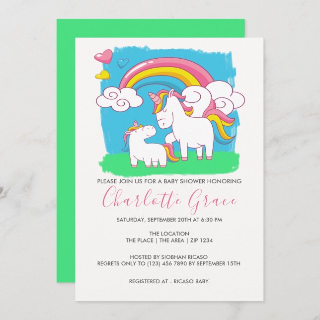 Cute Rainbow Unicorn Baby Shower Invitation (Front/Back)